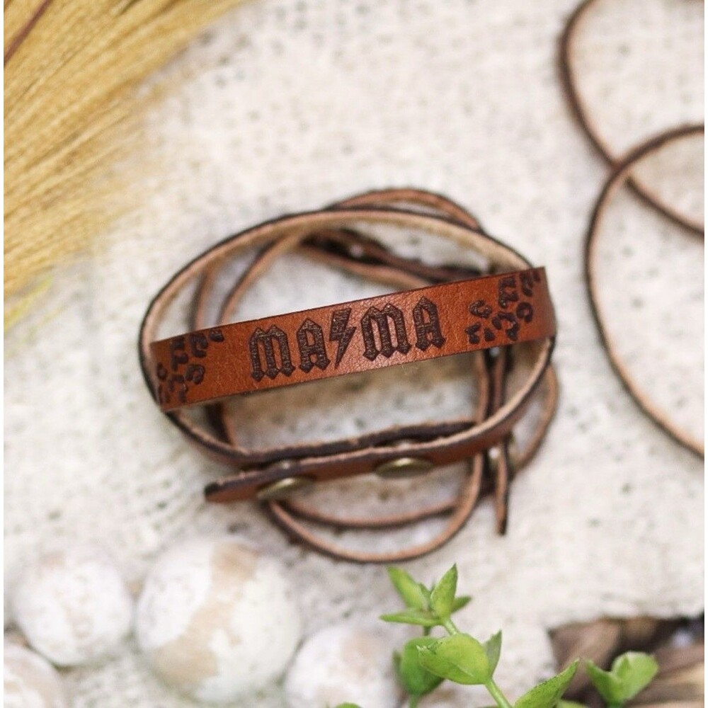 MAMA Genuine Veg Tan Leather Engraved Bracelet | Western Leather Bracelet